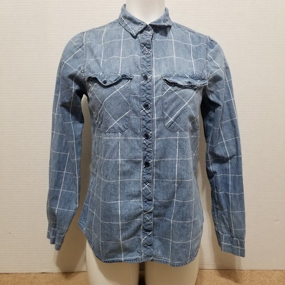 Japna top Medium windowpane plaid chambray button up down long sleeve oxford - Picture 1 of 13